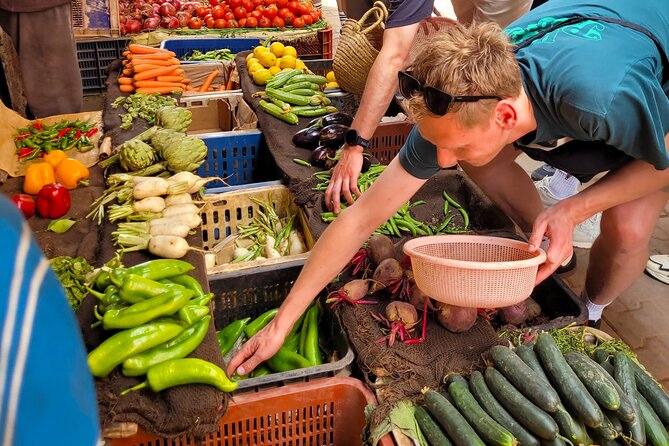 Marrakech food market tour with fresh Moroccan vegetables and spices